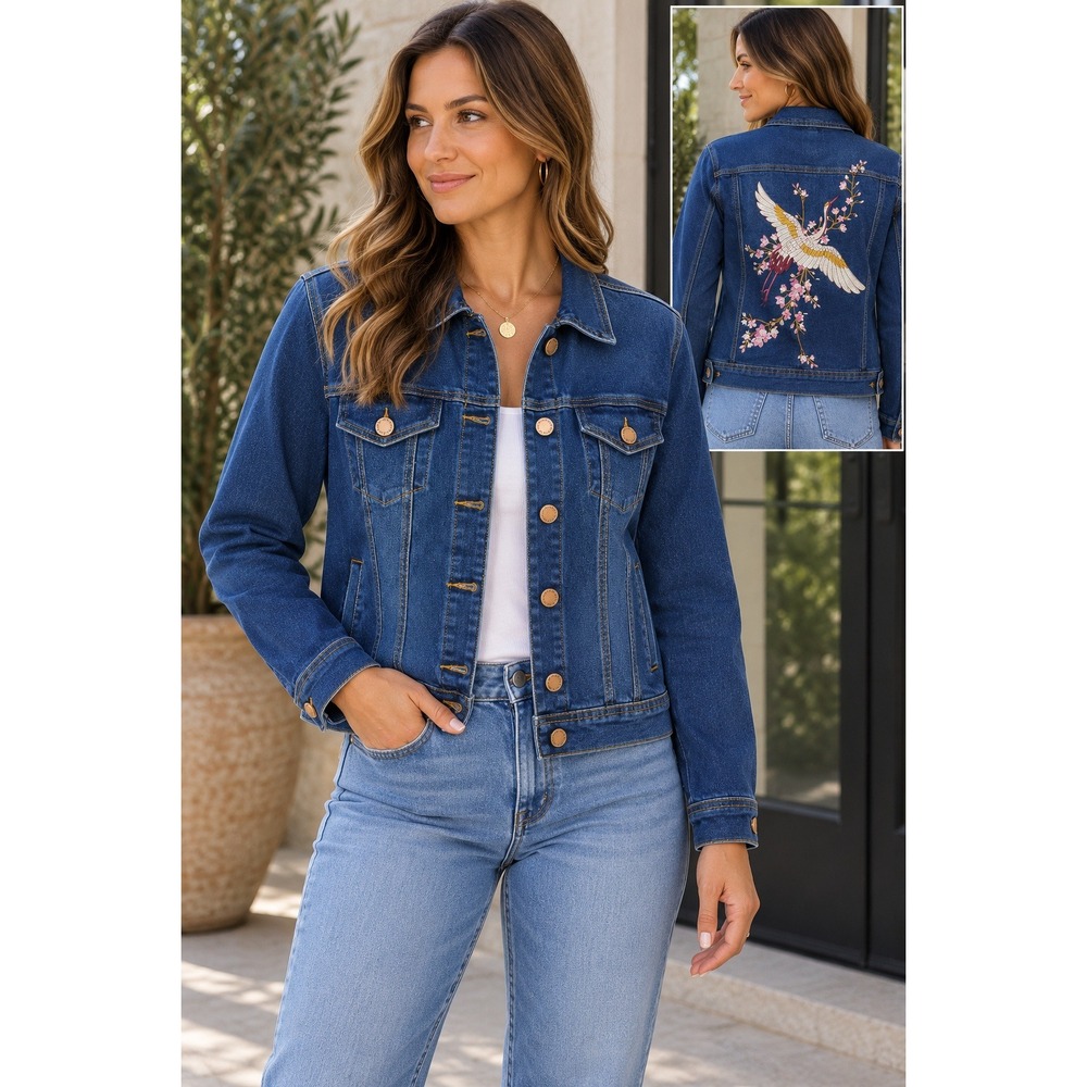 DG2 Diane Gilman Denim Jacket Women Large Blue Excellent Embroidered Crane Back